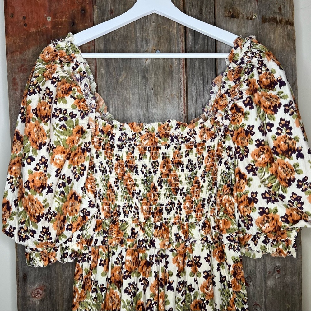 Anthropologie Love the Label Fall Floral Puff Sleeve Midi Dress Brown Cream M - Picture 9 of 14